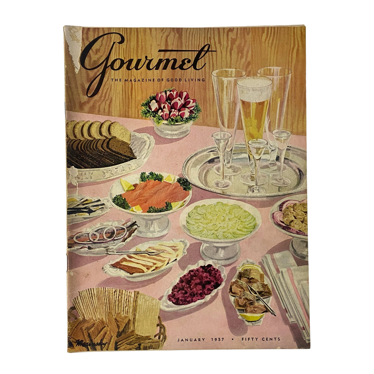 Cover of Gourmet Magazine January 1957 featuring a colorful illustration of a dining table with various gourmet foods and drinks, designed by Harry Marinsky.