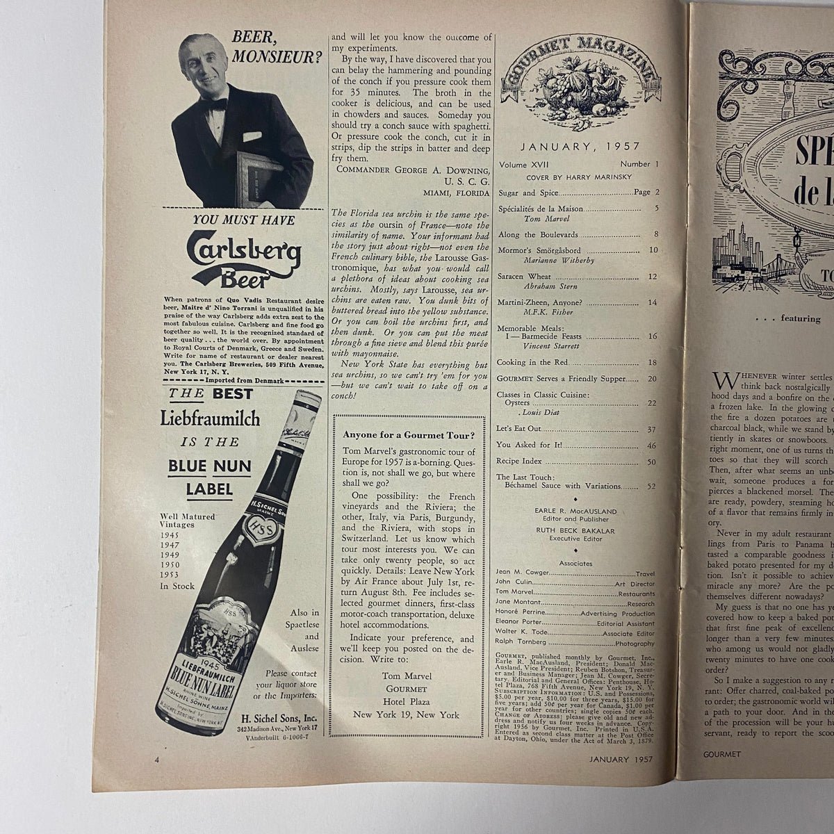 Inside spread of Gourmet Magazine January 1957 displaying a page with advertisement for Carlsberg Beer and a list of magazine contents, presenting the refined culinary style of the era.