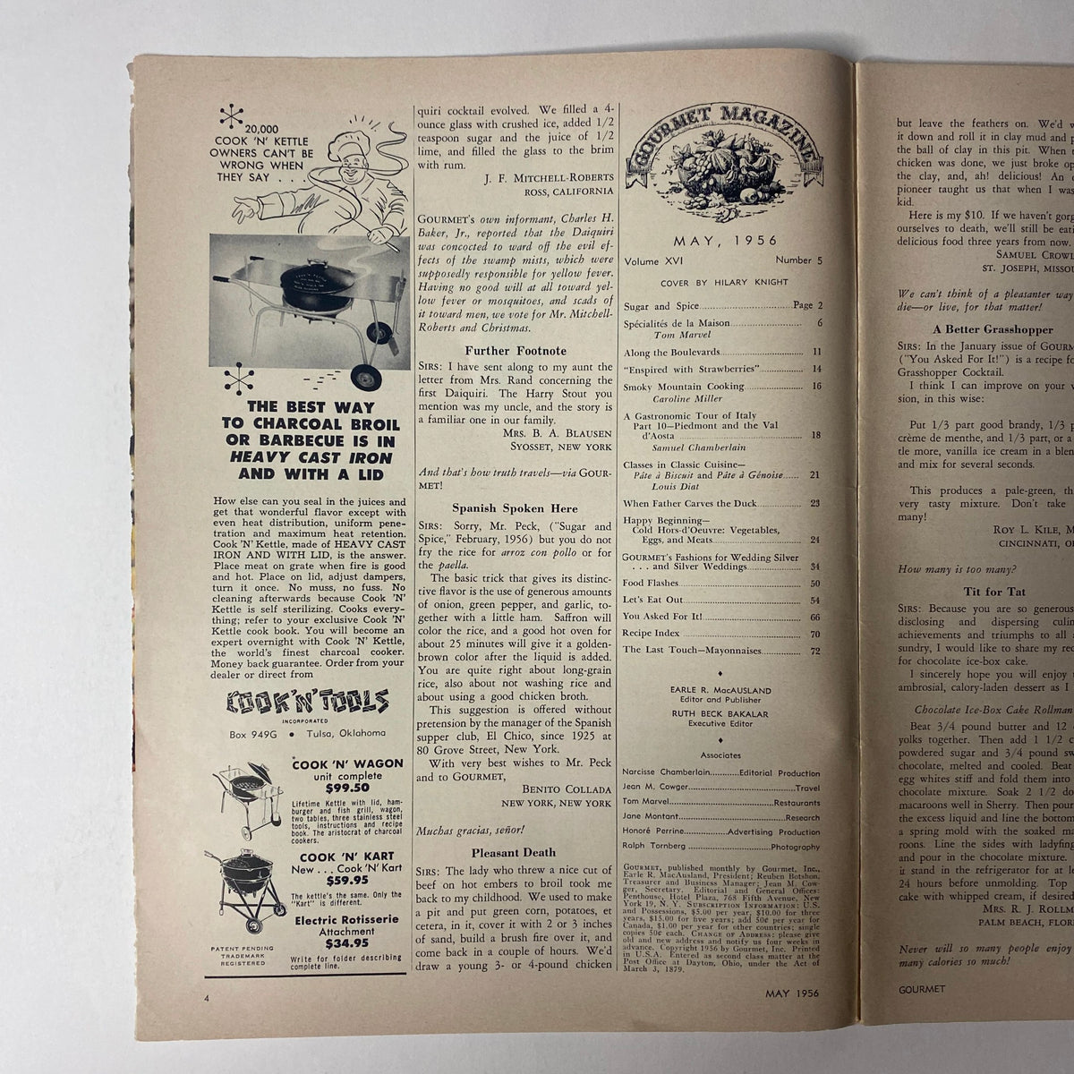 Inside page of Gourmet Magazine May 1956 showcasing advertisements and content layout. The page represents the magazine's emphasis on gourmet culinary experiences.