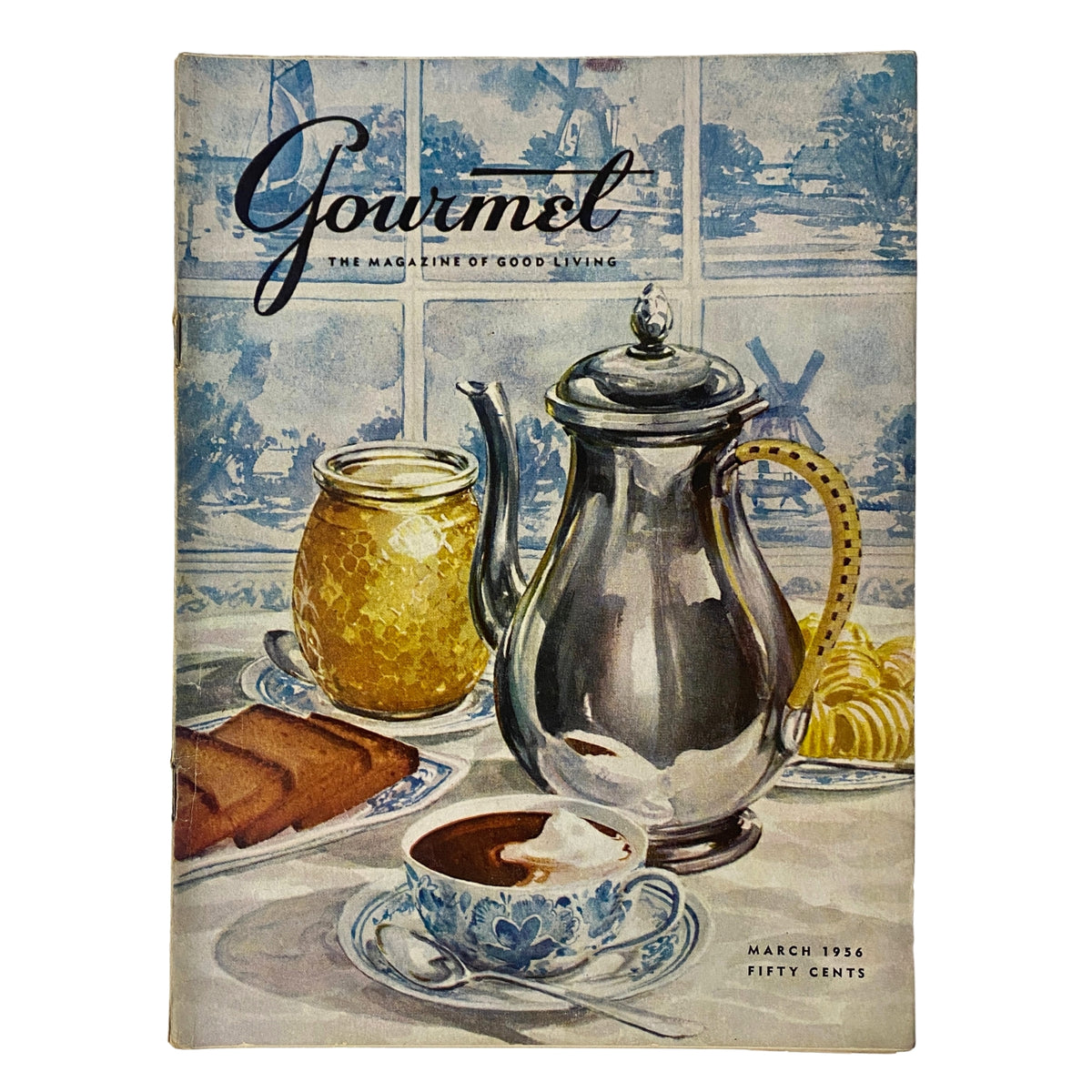 Cover page of Gourmet Magazine March 1956 featuring a silver teapot, honey jar, and a cup of coffee, designed by Tore Asplund, showcasing mid-century culinary aesthetics.