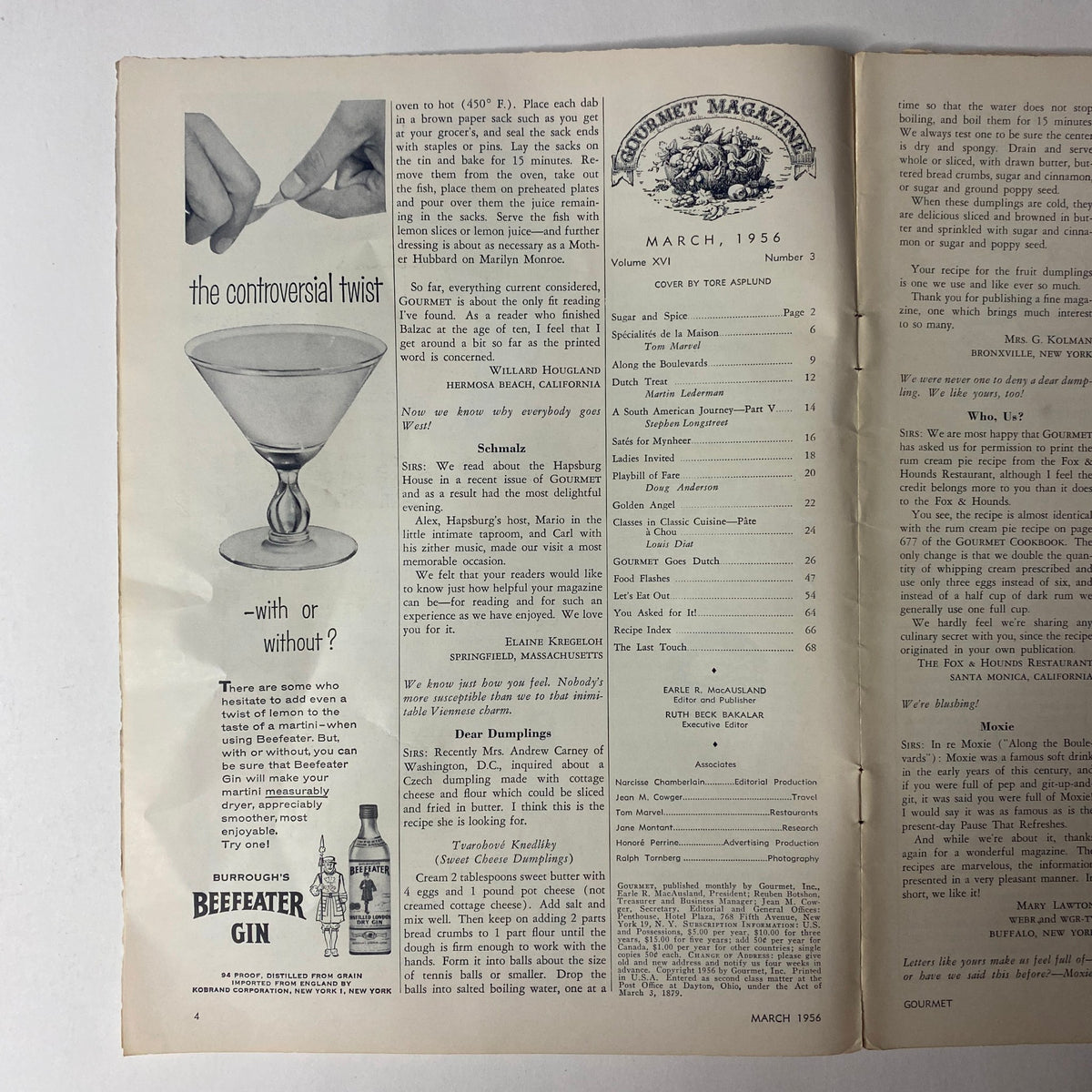 Inside page of Gourmet Magazine March 1956, displaying an advertisement for Beefeater Gin alongside various food articles, reflecting the magazine's focus on culinary culture.