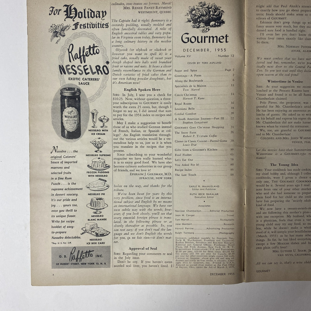 Inside page of Gourmet Magazine December 1955 featuring advertising for Raffetto's Messelero Exotic Caterers' Sauce and a list of contents, showcasing mid-century culinary arts.