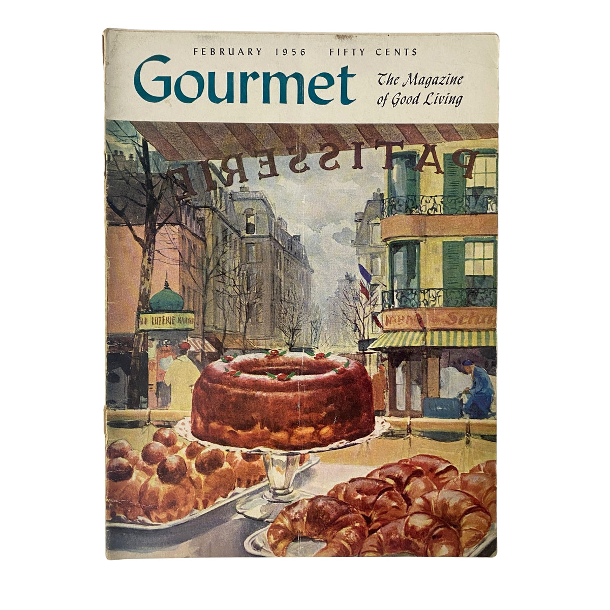 Cover of Gourmet Magazine February 1956 designed by Tore Asplund, featuring an elegant illustration of a Parisian street with pastries and desserts.