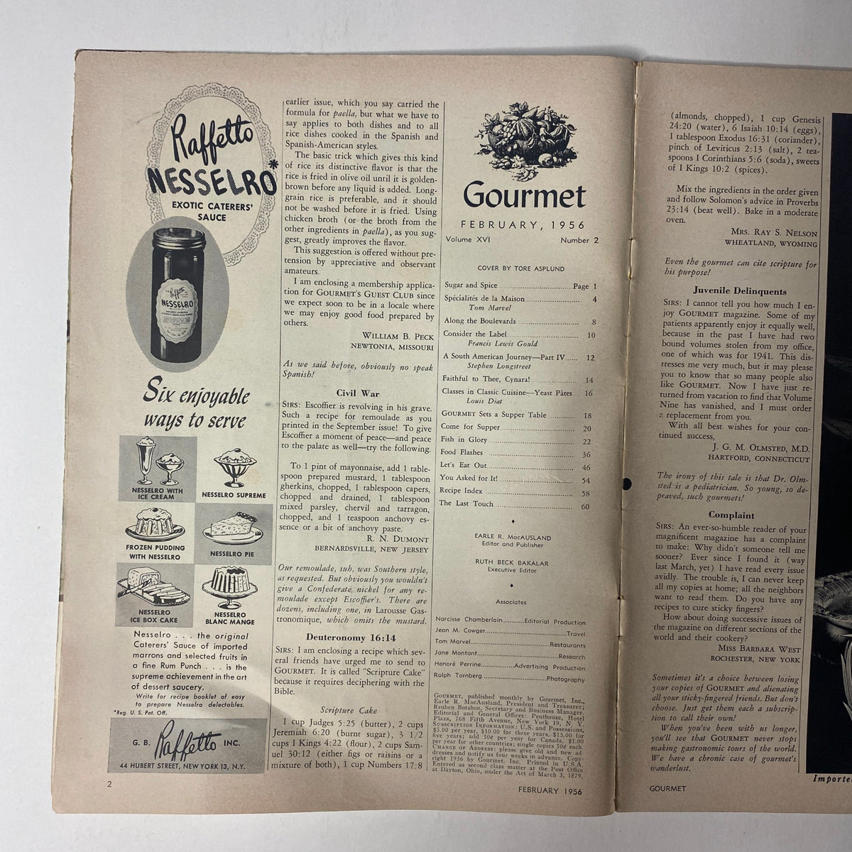Interior page of Gourmet Magazine February 1956 showing an advertisement for Nesselro's sauce, along with the table of contents for the issue.