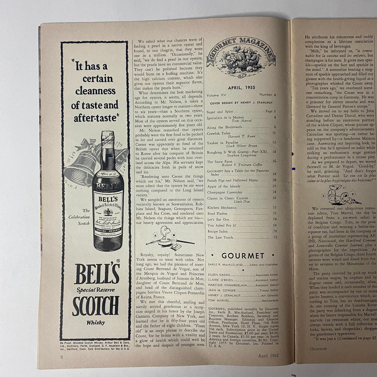 Interior page of Gourmet Magazine April 1955 displaying an advertisement for Bell's Scotch whisky, showcasing a classic vintage design.