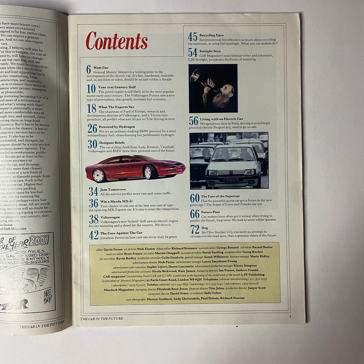 Contents page of the Car Magazine UK Import 1990 Special Supplement 'The Car in the Future', listing featured articles including 'Watt Car', 'Your 21st Century Golf', and 'Living with an Electric Car'.