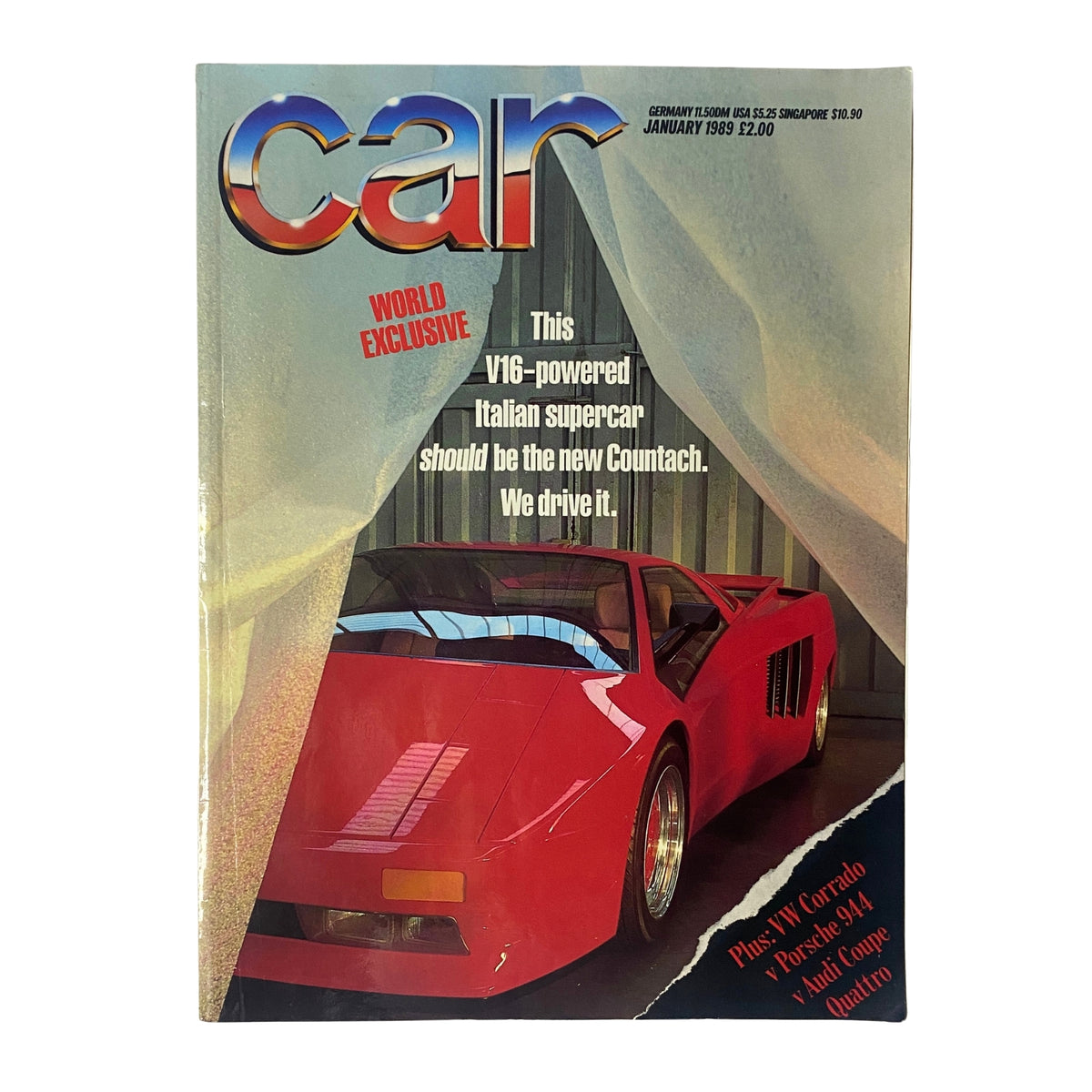 Cover of Car Magazine UK Import January 1989 featuring the V16-powered Italian supercar, showcasing a striking red Countach on the front page with the headline about it being the new Countach.