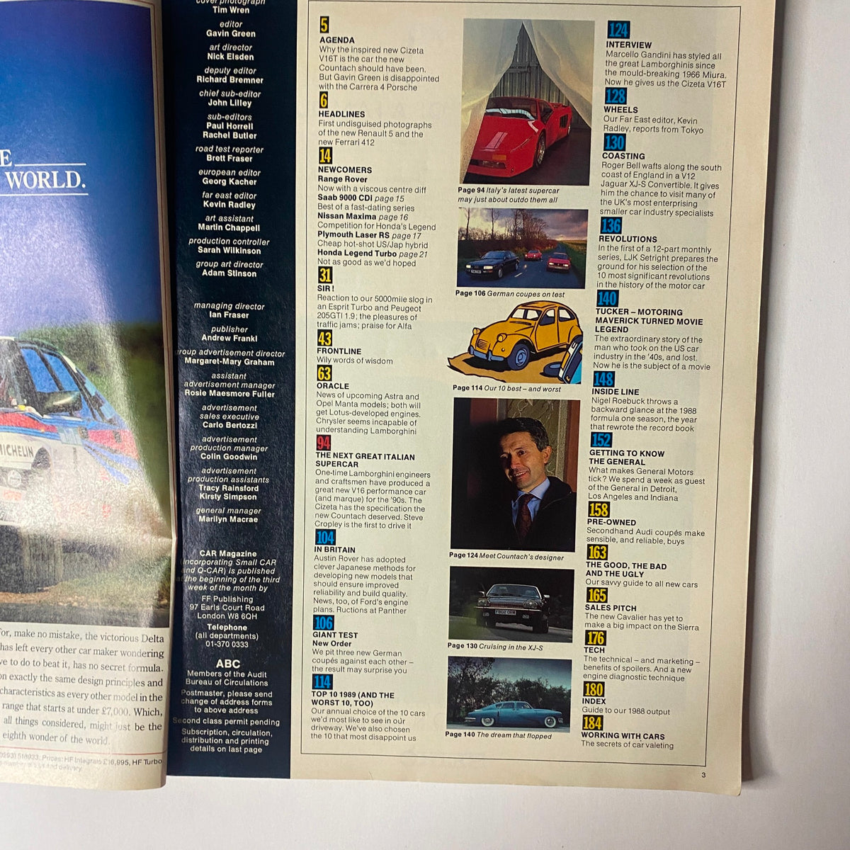 Interior page of Car Magazine UK Import January 1989 displaying the table of contents, highlighting features on the V16-powered Italian supercar and various car models and industry news.