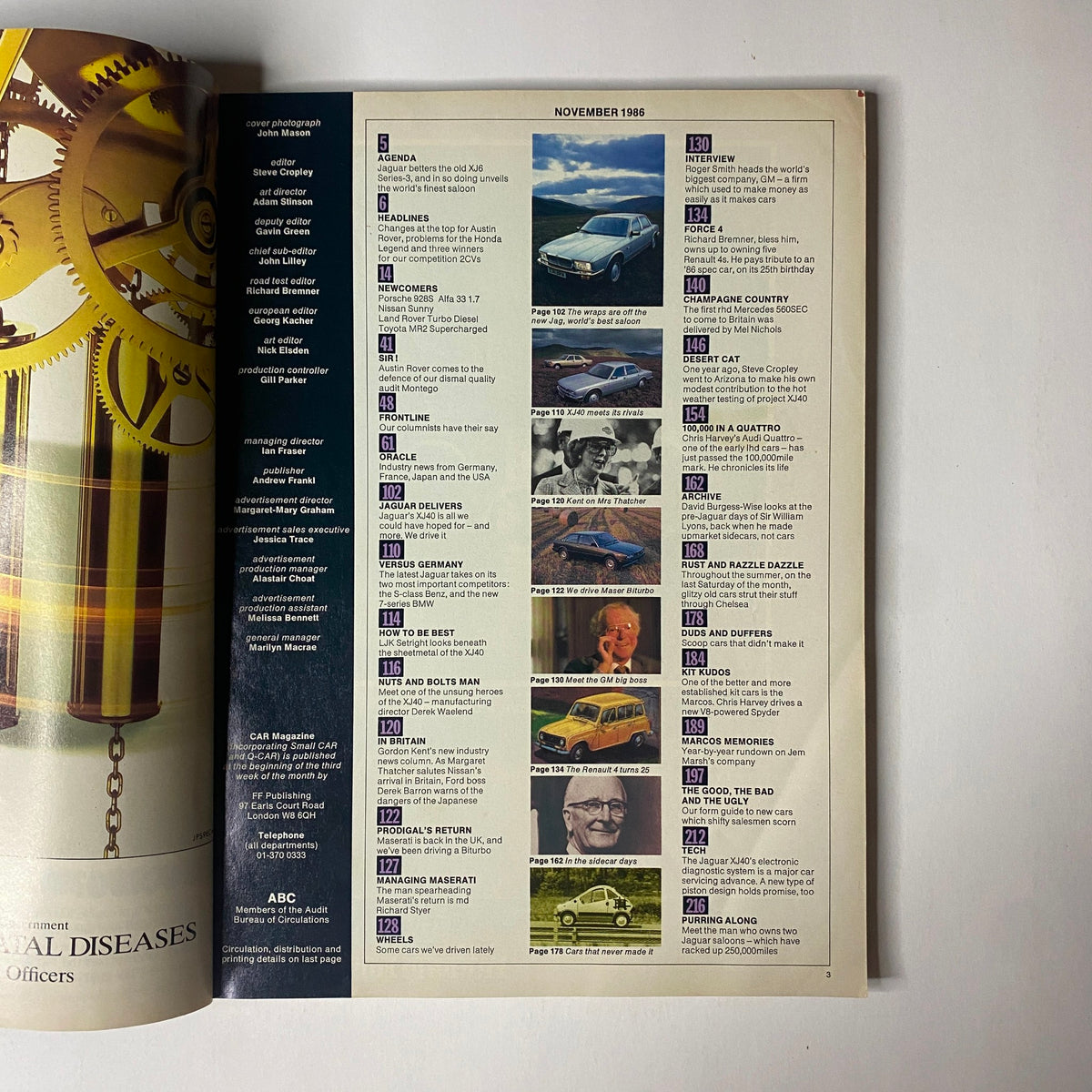 Inside page of Car Magazine UK Import November 1986 displaying the contents and highlights of the issue, focusing on Jaguar and various car models.