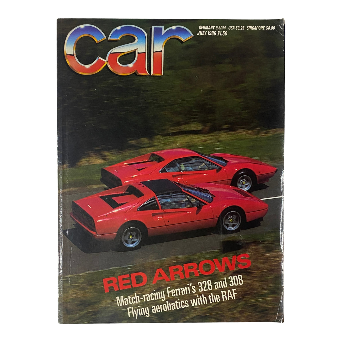 Car Magazine UK Import July 1986 featuring Ferrari's 328 and 308 on the cover, showcasing the iconic models against a green landscape.