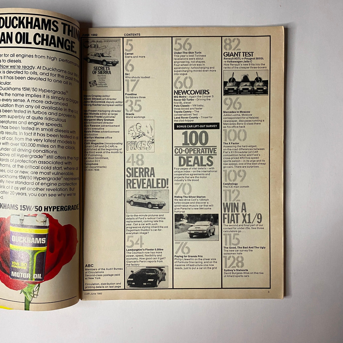 Contents page of June 1982 Car Magazine UK Import, detailing features like 'Sierra Revealed!' and '100 Co-operative Deals' alongside automotive insights and comparison tests.