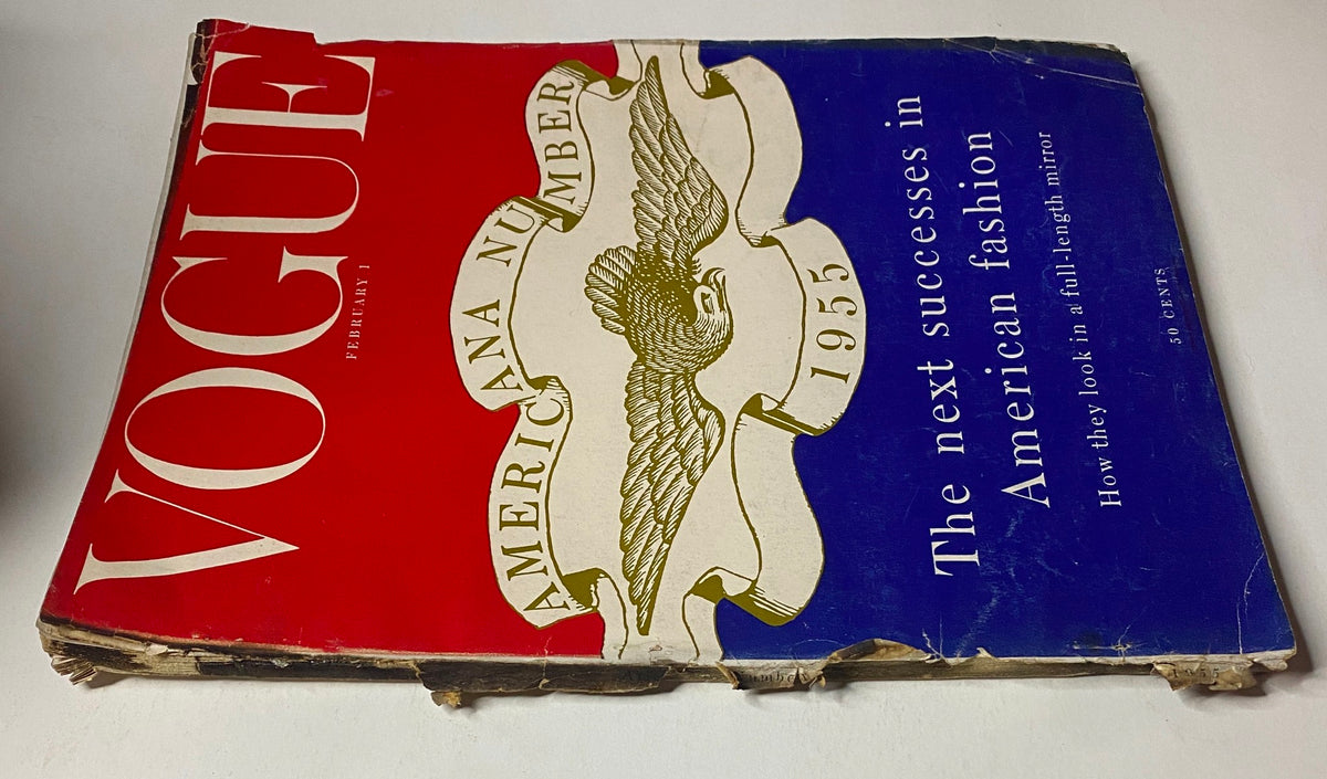 Vogue Magazine February 1, 1955 Americana Number 1955 showing the front cover that highlights the next successes in American fashion with a colorful design.