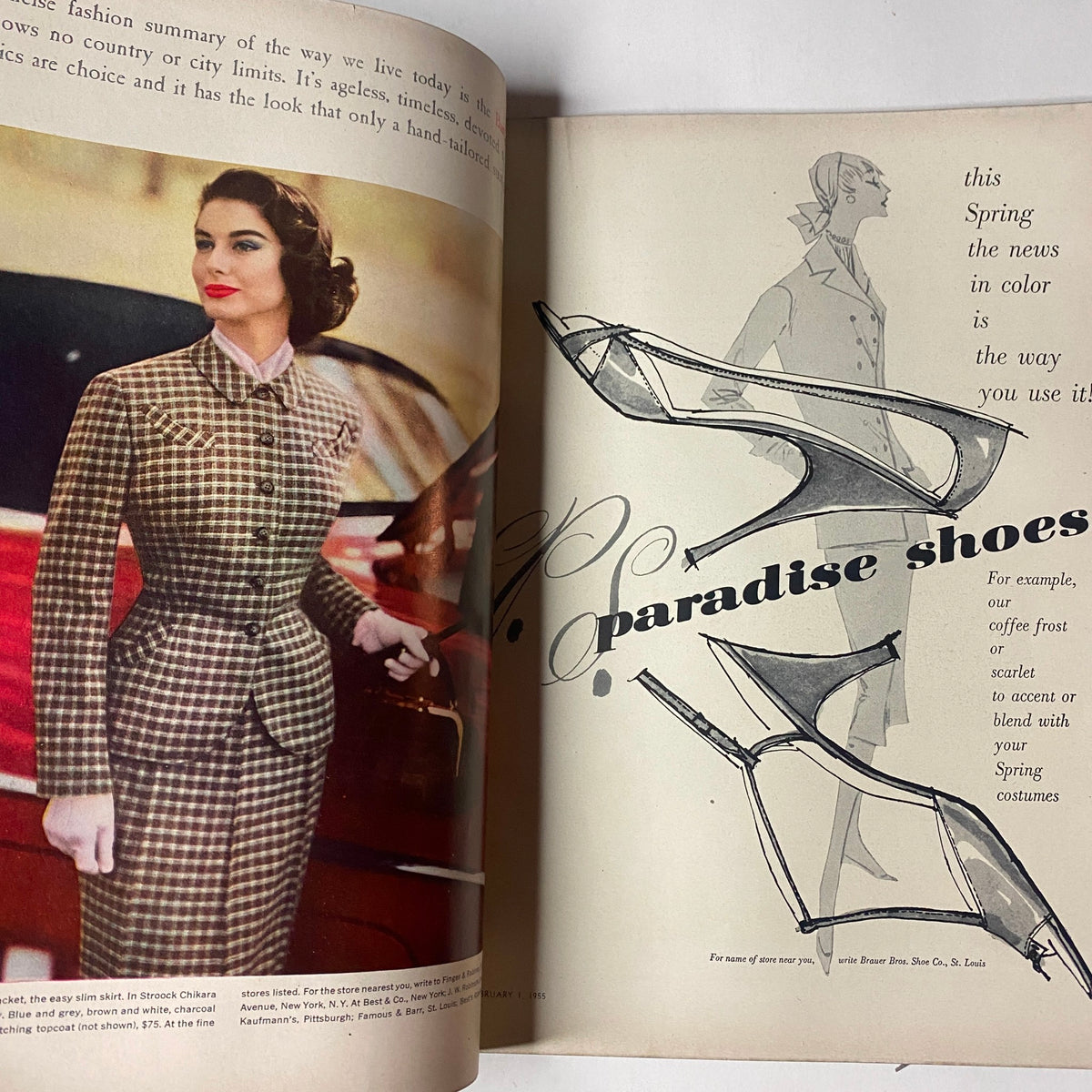 Advertisement in Vogue Magazine February 1, 1955 Americana Number 1955, featuring a model in a tailored outfit promoting spring colors.