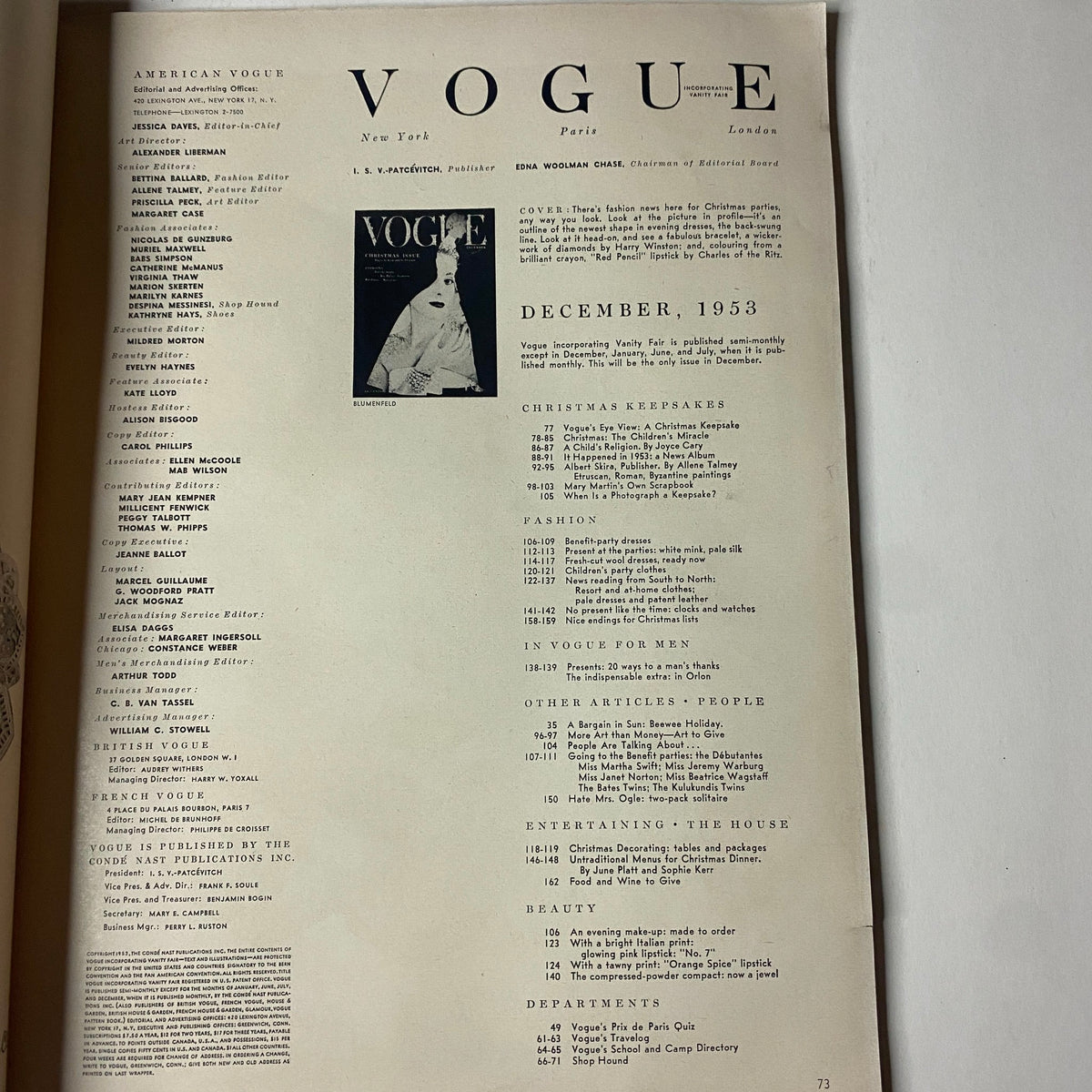 Vogue Magazine December 1953 Kathleen Wallace by Erwin Blumenfeld GD Interior featuring the table of contents page highlighting Christmas keepsakes and the contents relevant to the issue.