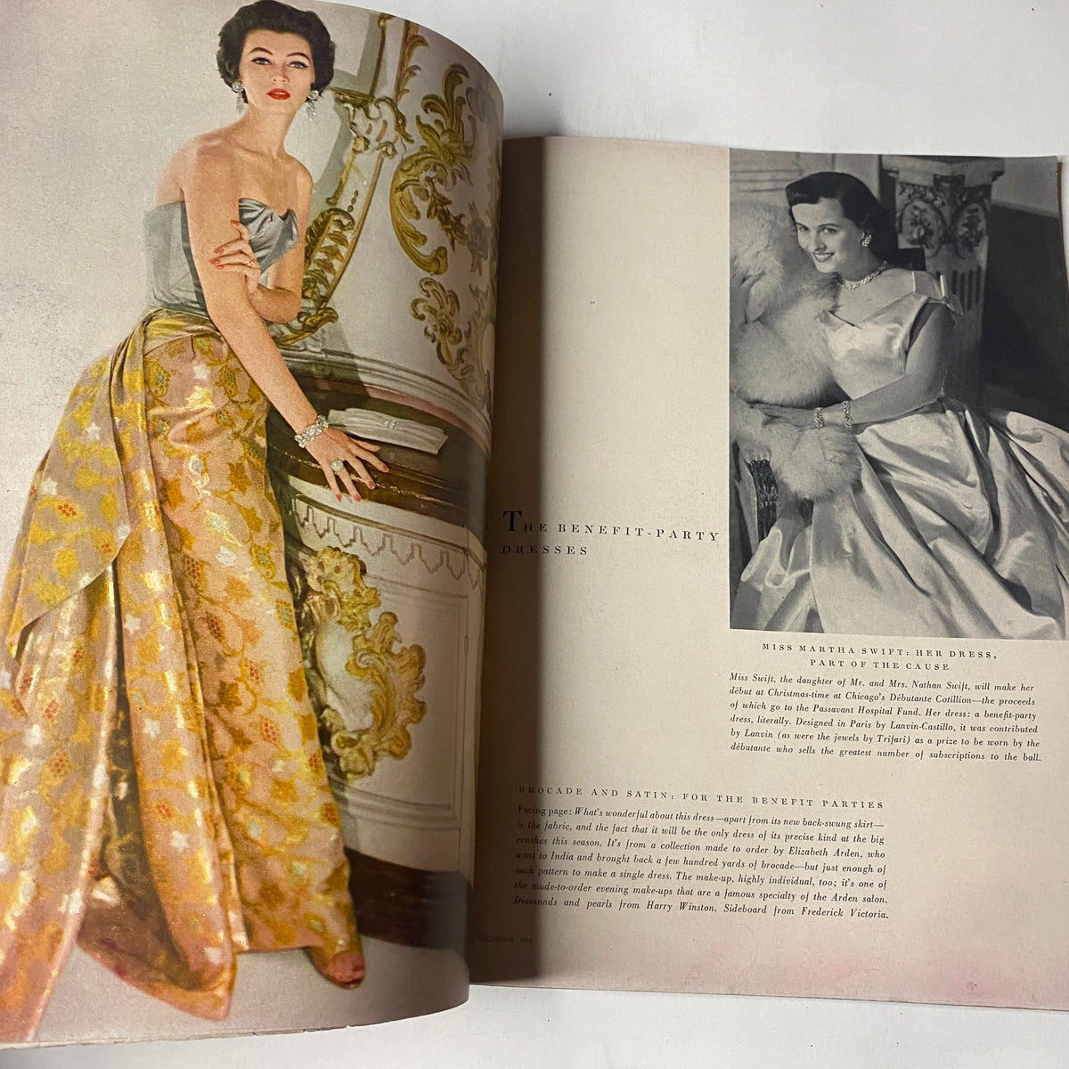 Vogue Magazine December 1953 Kathleen Wallace by Erwin Blumenfeld GD Interior featuring a glamorous fashion editorial showcasing benefit-party dresses with an elegant model holding a book.