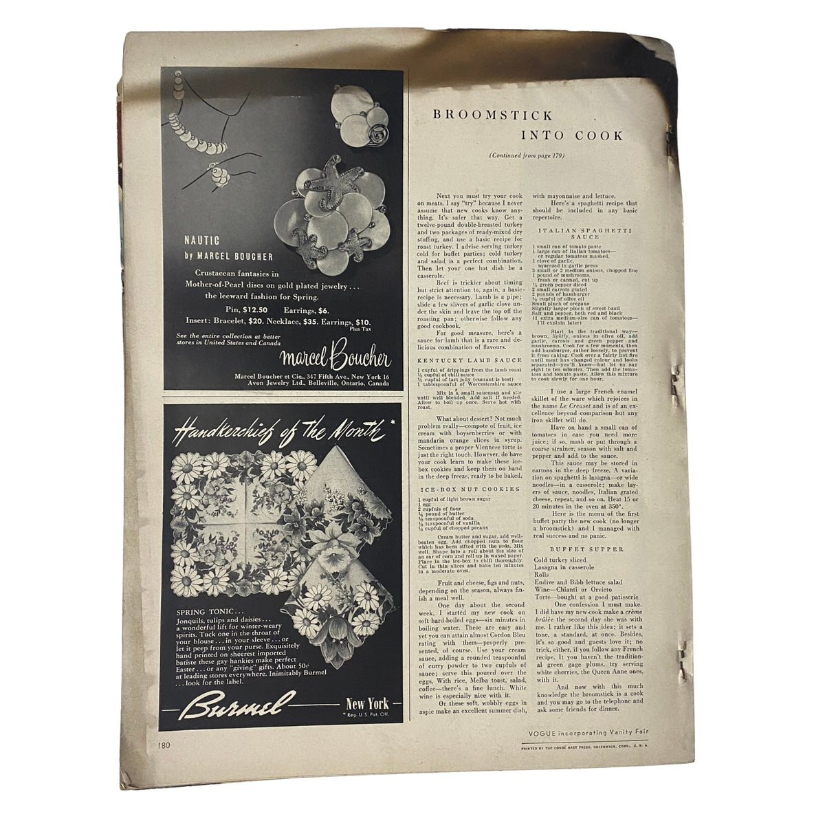 Vogue Magazine March 1, 1954 featuring a vintage advertisement for Burmel and an article titled 'Broomstick Into Cook', showcasing classic 1950s culinary and fashion insights.