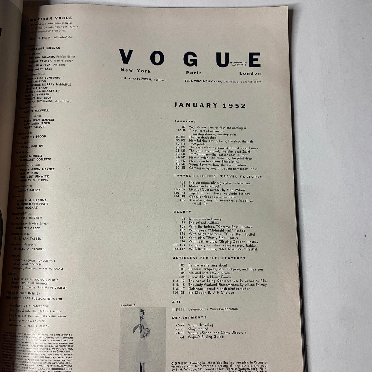 Inside page of the January 1952 Vogue Magazine displaying the table of contents and articles, emphasizing vintage fashion, beauty, and related features.