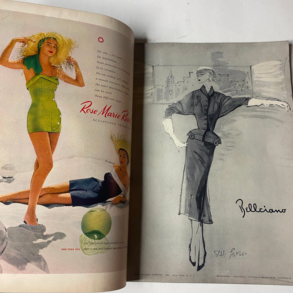 Inside pages of Vogue Magazine January 1952 featuring artwork of model Rose Marie Reid in a sculpted swimsuit, demonstrating mid-20th century fashion aesthetics.