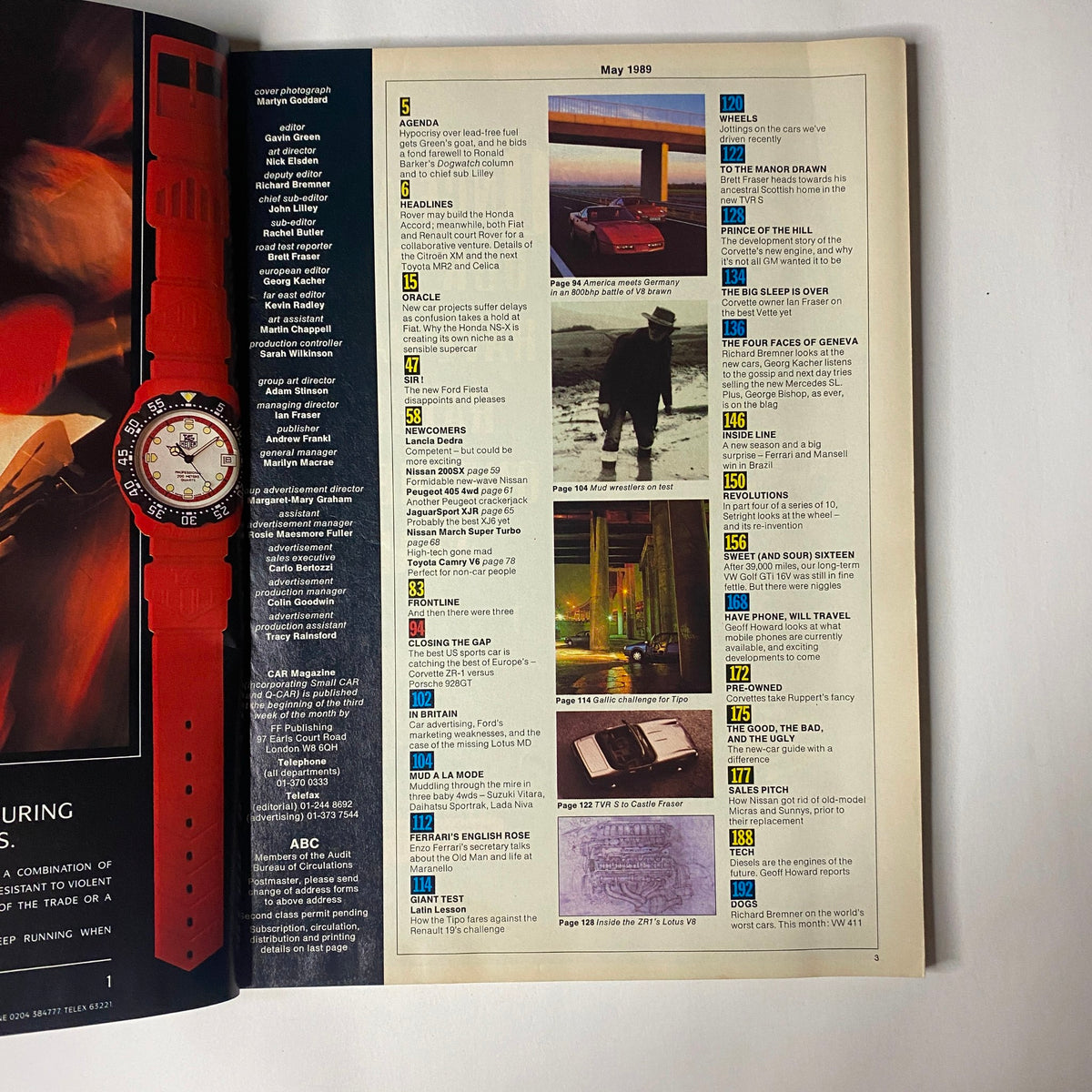 Interior page of Car Magazine UK Import May 1989 showing the table of contents, with highlights from the issue and a detailed overview of articles.