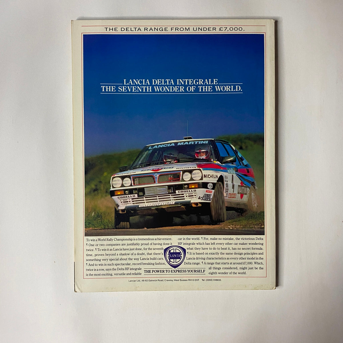 Back cover of Car Magazine UK Import May 1989, featuring an advertisement for the Lancia Delta Integrale with the tagline 'The Seventh Wonder of the World'.