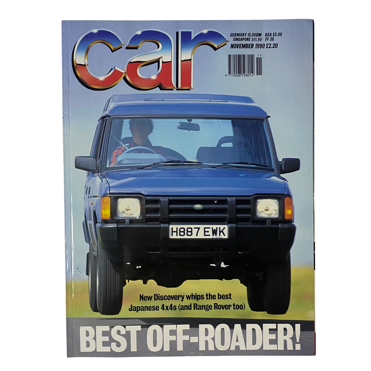 Car Magazine UK Import November 1990 cover featuring a blue Land Rover Discovery with the caption 'BEST OFF-ROADER!' highlighting a comparison between Japanese 4x4s and Range Rover.
