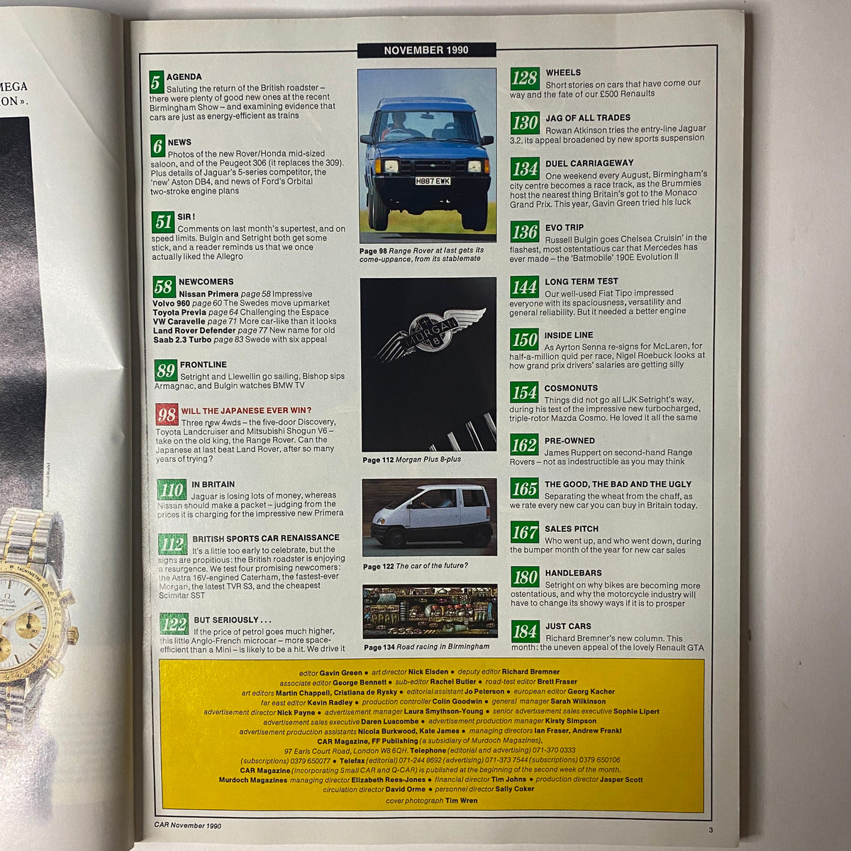 Contents page of Car Magazine UK Import November 1990 detailing articles on British sports cars, new model reviews, and a major 4WD comparison including Range Rover, Discovery, and Japanese 4x4s.