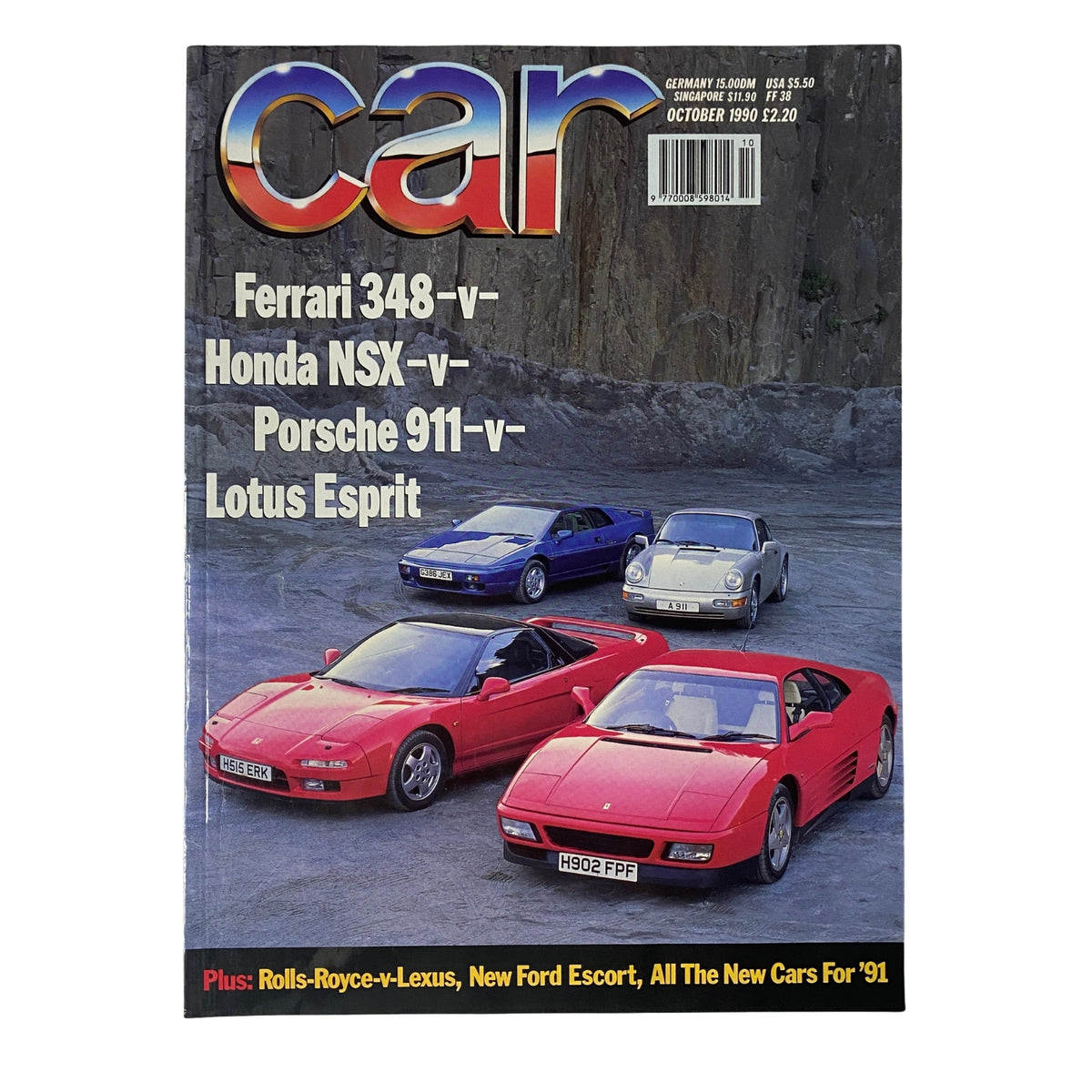 Cover of Car Magazine UK Import from October 1990 featuring a comparison of the Ferrari 348, Honda NSX, Porsche 911, and Lotus Esprit. Highlights iconic supercar showdown and automotive insights.