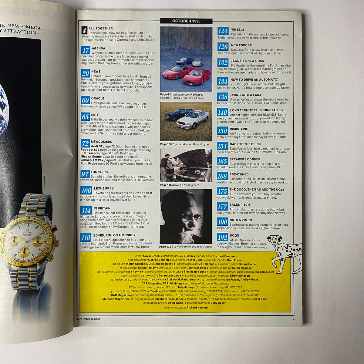 Car Magazine UK Import October 1990 featuring supercar comparison of Ferrari 348, Honda NSX, and Porsche 911, showing magazine contents and featured cars.