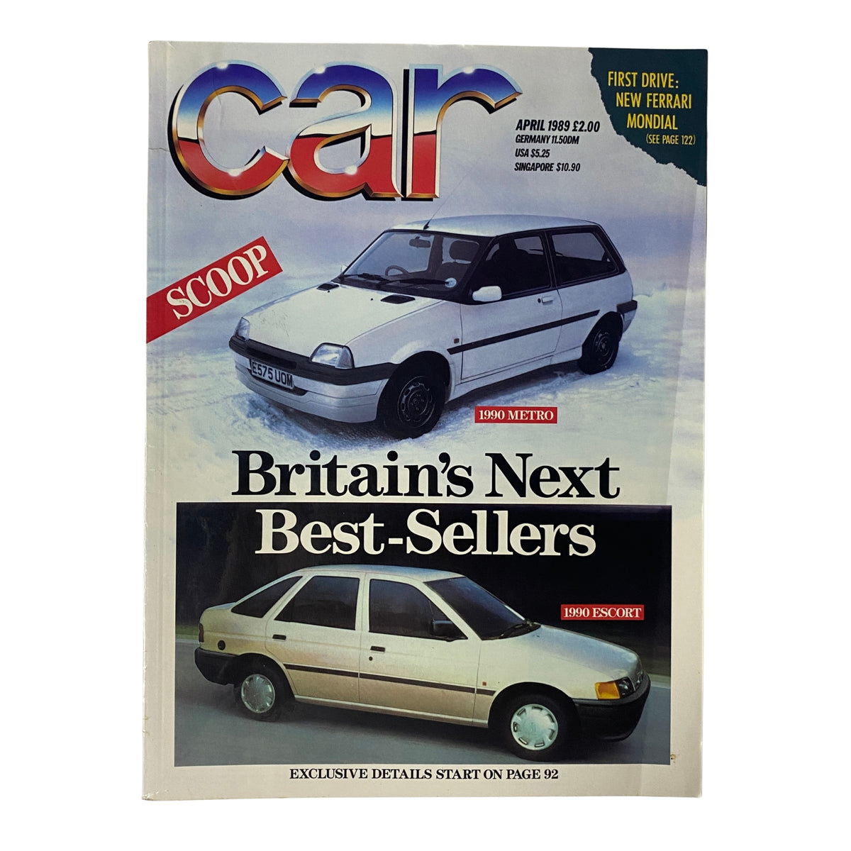 Cover of Car Magazine UK Import, April 1989, featuring the 1990 Metro and 1990 Escort, showcasing Britain's next best-sellers with car images.