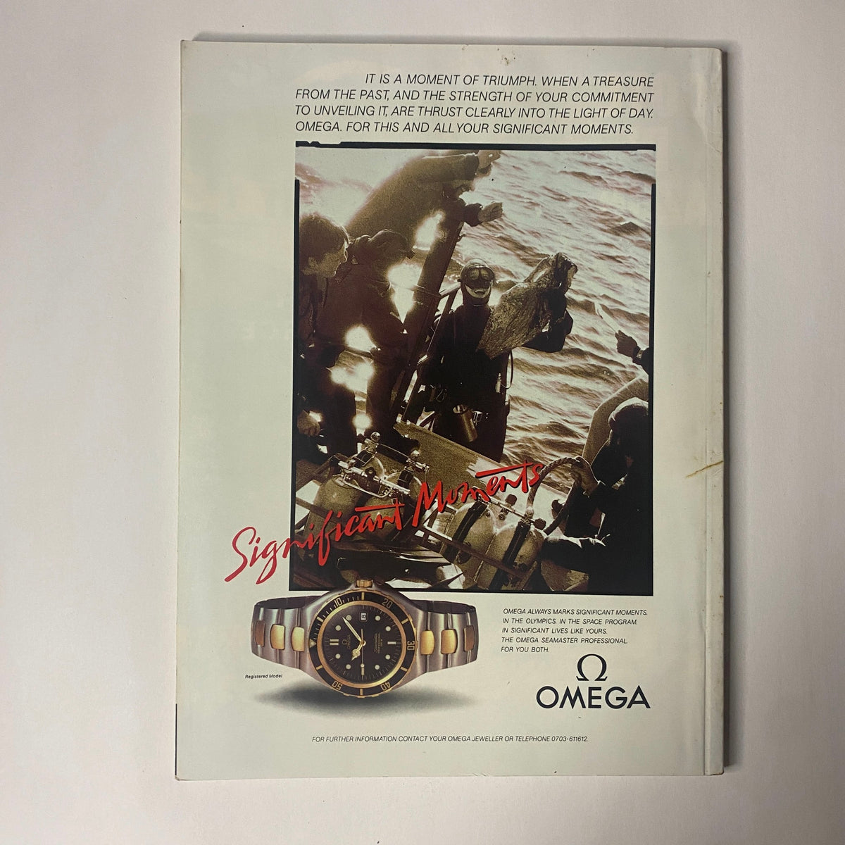 Advertisement for Omega watches found in Car Magazine UK Import, April 1989, highlighting significant moments in life with a vintage design.