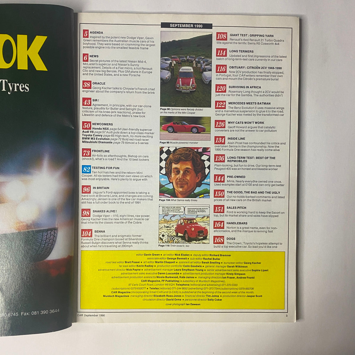 Interior page from Car Magazine UK Import September 1990 showing the contents list, including features on hot hatches and automotive news.
