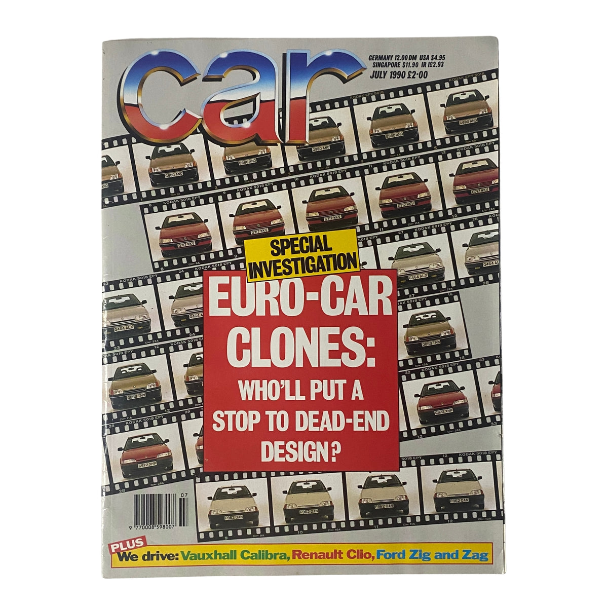 Car Magazine UK Import July 1990 featuring a special investigation titled 'Euro-Car Clones: Who'll Put a Stop to Dead-End Design?' showcasing various cars on a film strip background.