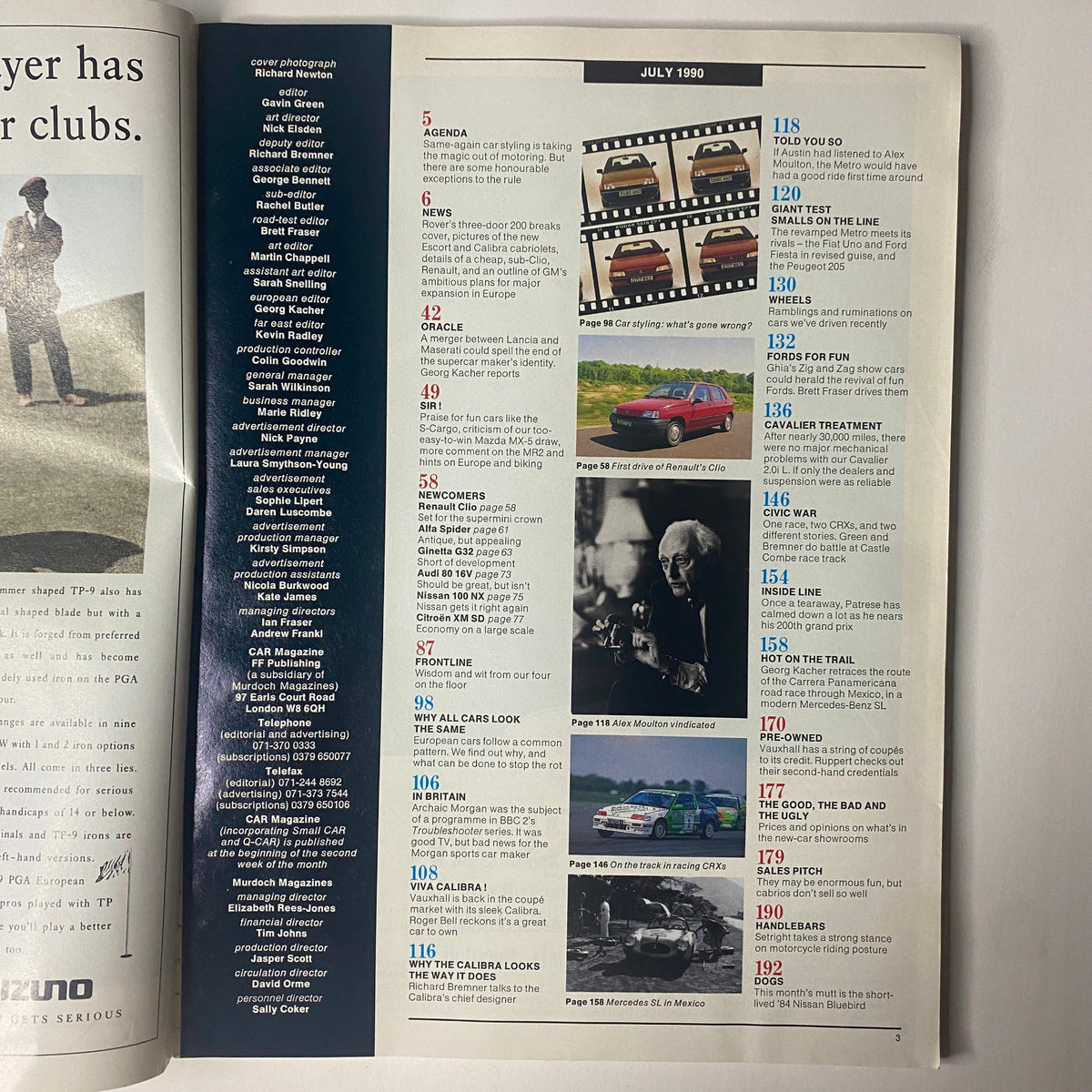 Interior page from Car Magazine UK Import July 1990 listing articles, features, and contents, including insights on Vauxhall Calibra and Renault Clio.