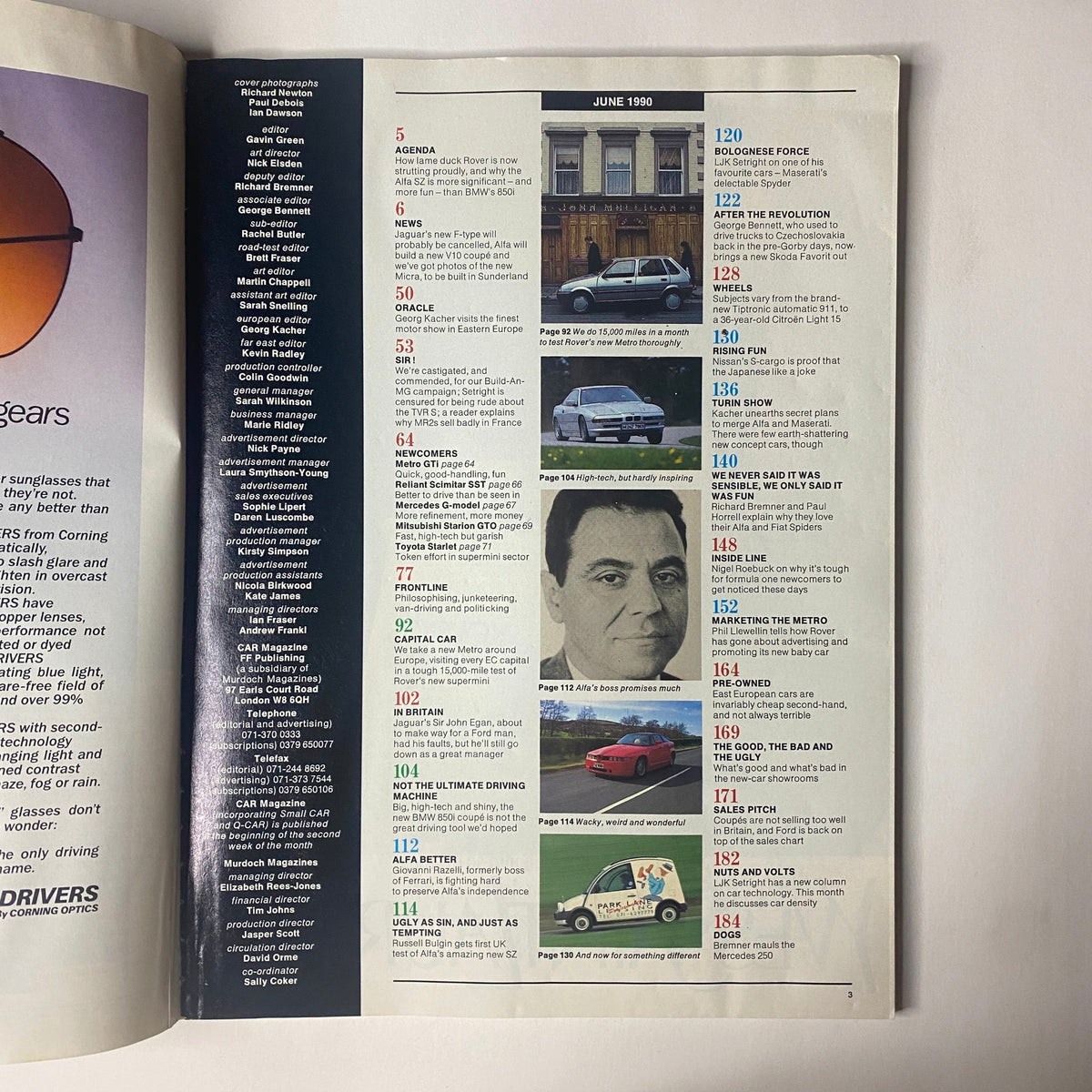 Inside page of Car Magazine UK Import June 1990 showing the table of contents, detailing various articles and topics such as 'Capital Car' and 'After the Revolution'.