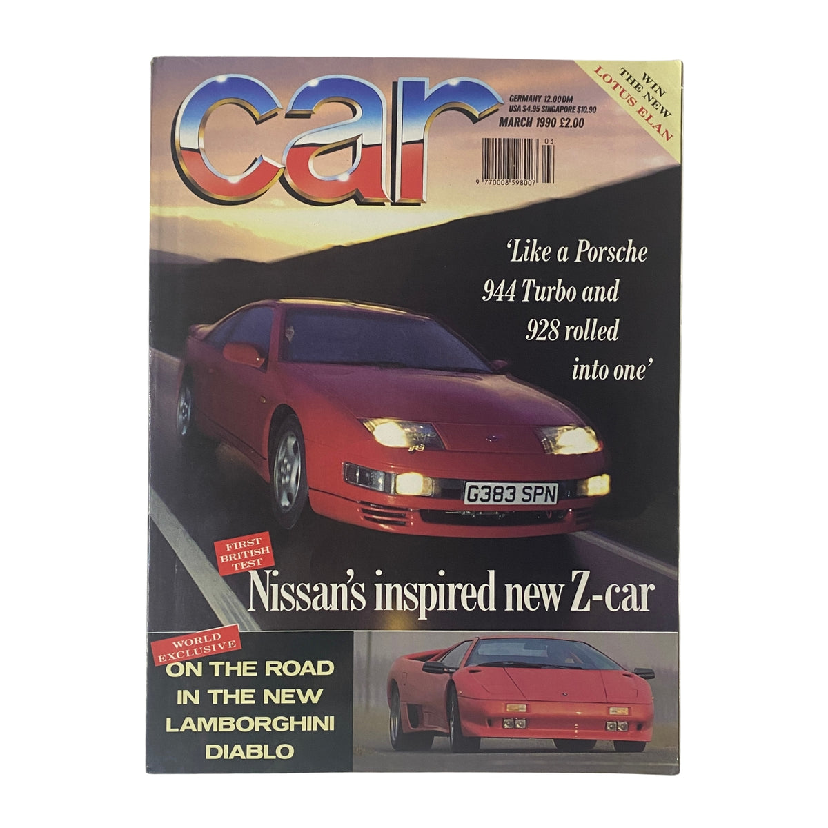 Cover of Car Magazine UK Import March 1990 featuring Nissan's inspired new Z-car and the Lamborghini Diablo.