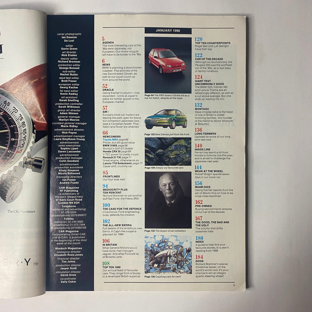 Interior page of Car Magazine UK Import, January 1990, detailing magazine contents including agenda items and featured vehicles. Includes listings such as 'Car of the Decade' and 'BMW 520i vs. Citroën XM'.