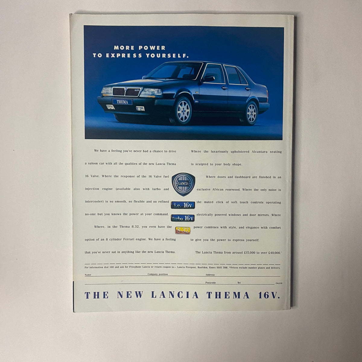 Advertisement for the new Lancia Thema 16V featured in Car Magazine UK Import January 1990. Highlights the car's power and design, emphasizing a statement on personal expression. Ideal for collectors of automotive magazines.