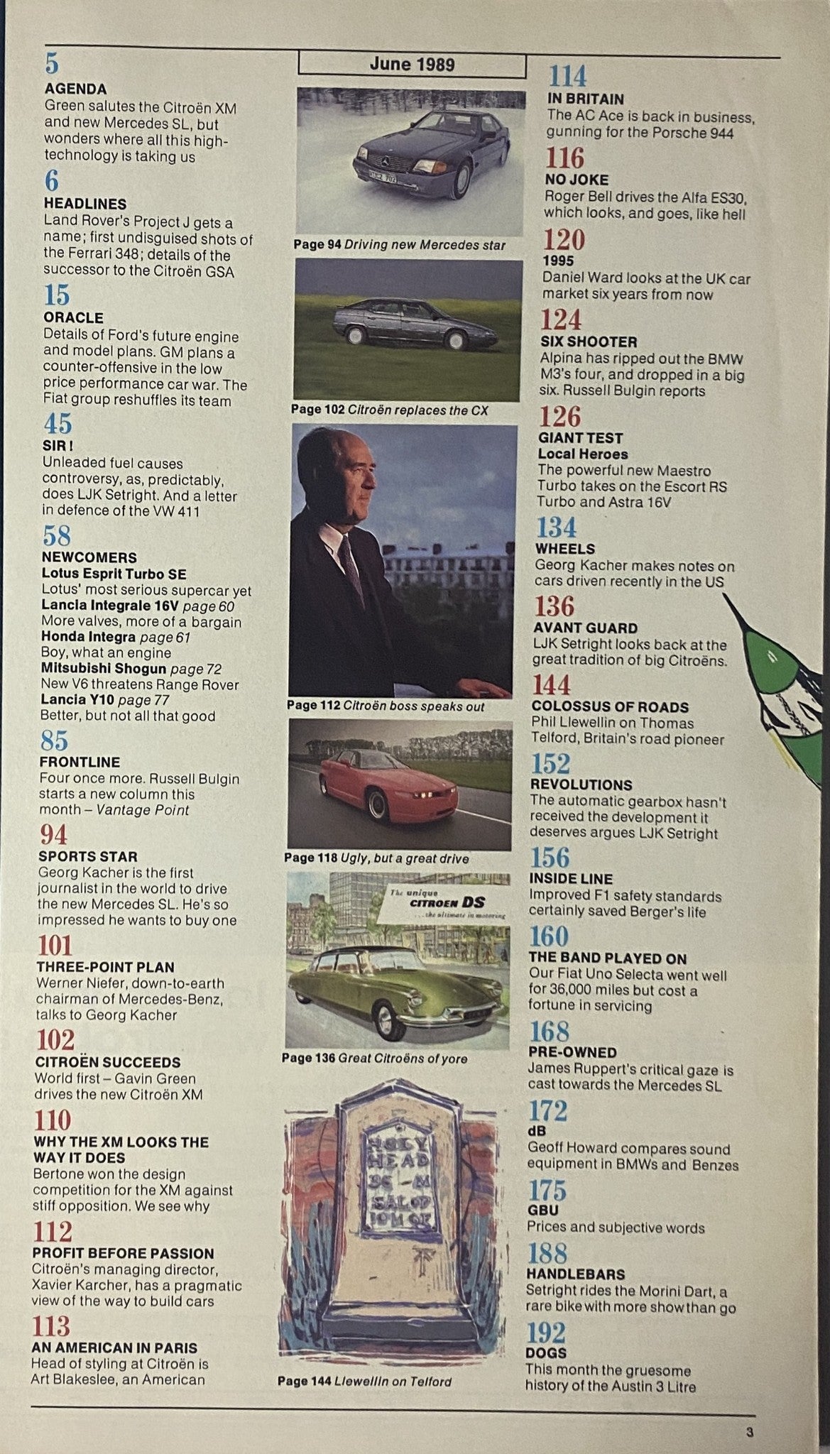 Table of contents from CAR Magazine June 1989. Highlights include first drive reviews for the Citroën XM and Mercedes SL, along with various automotive news and features.
