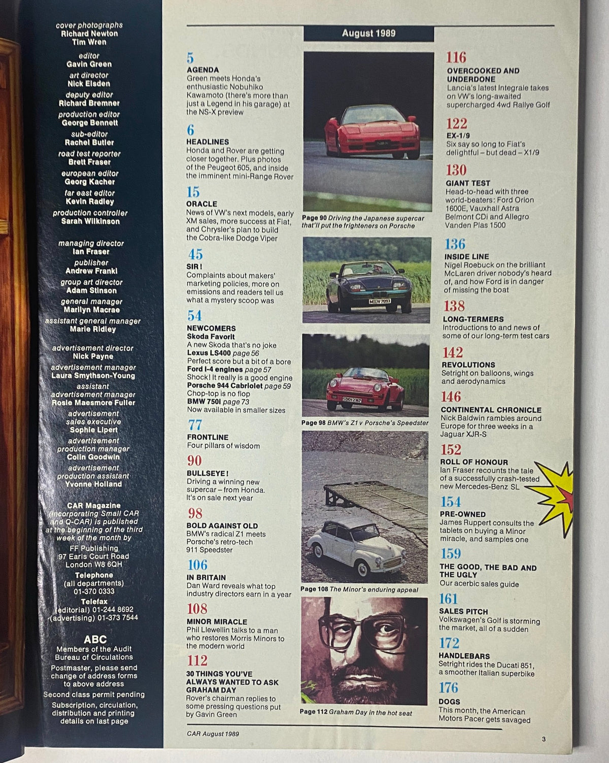 Table of Contents from CAR Magazine August 1989 showcasing featured articles, including a comparison between BMW Z1 and Porsche Speedster, and unique segments on automotive news.