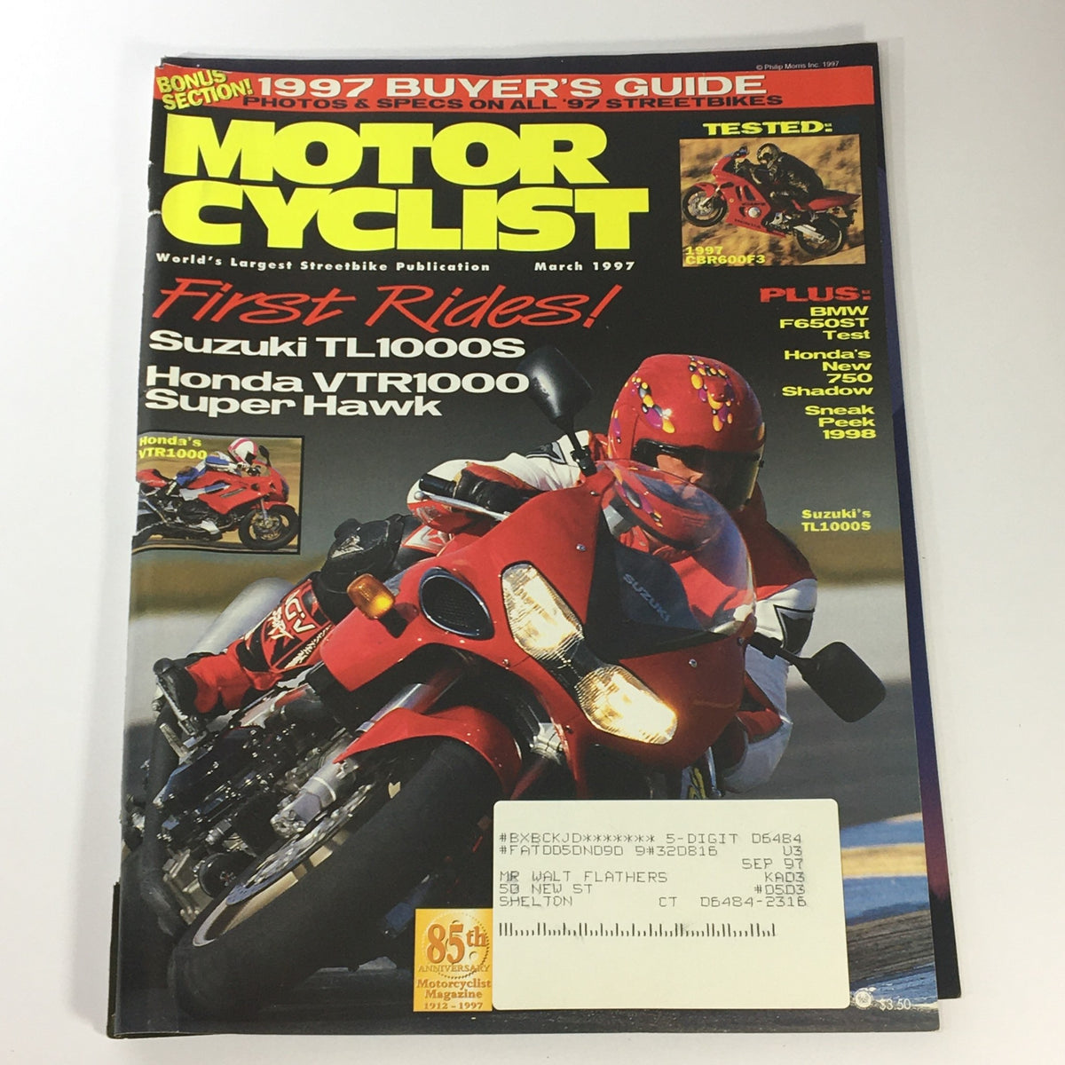 Cover of Motor Cyclist Magazine March 1997 featuring Suzuki TL1000S and Honda VR1000 Super Hawk with bold title and motorcycle action photo.