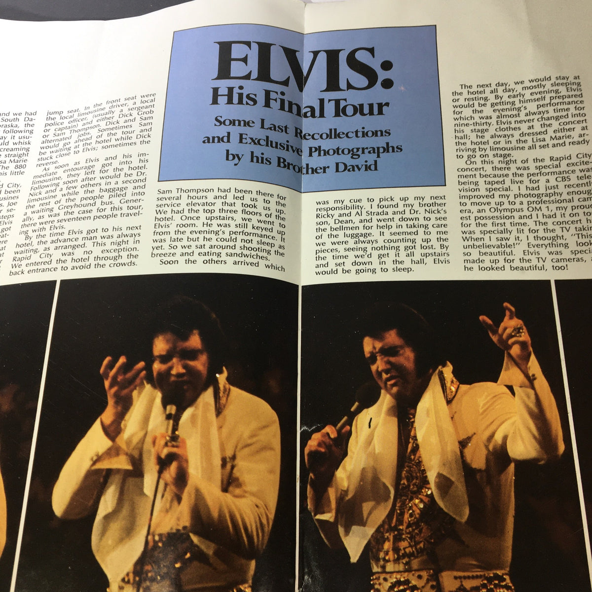 Inside spread of VTG 1977 Elvis Presley A Pictorial Tribute featuring photographs and recollections about Elvis's final tour.