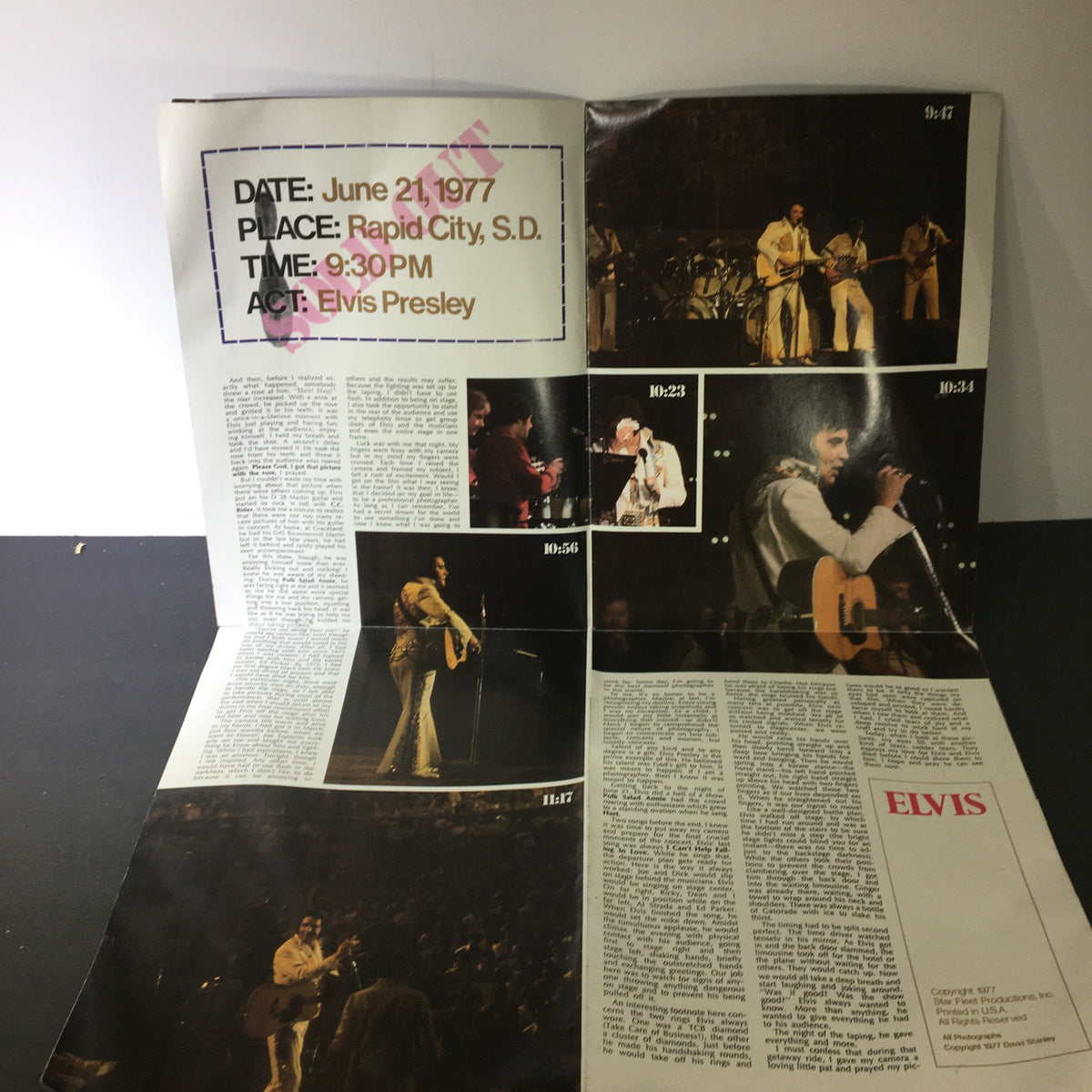 Inside layout of the VTG 1977 Elvis Presley A Pictorial Tribute showcasing details of a concert date and images of Elvis performing.