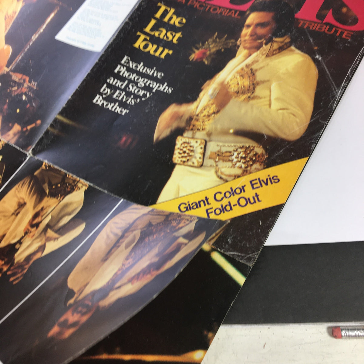 Back cover of VTG 1977 Elvis Presley A Pictorial Tribute with a collage of images and promotional text highlighting 'The Last Tour'.