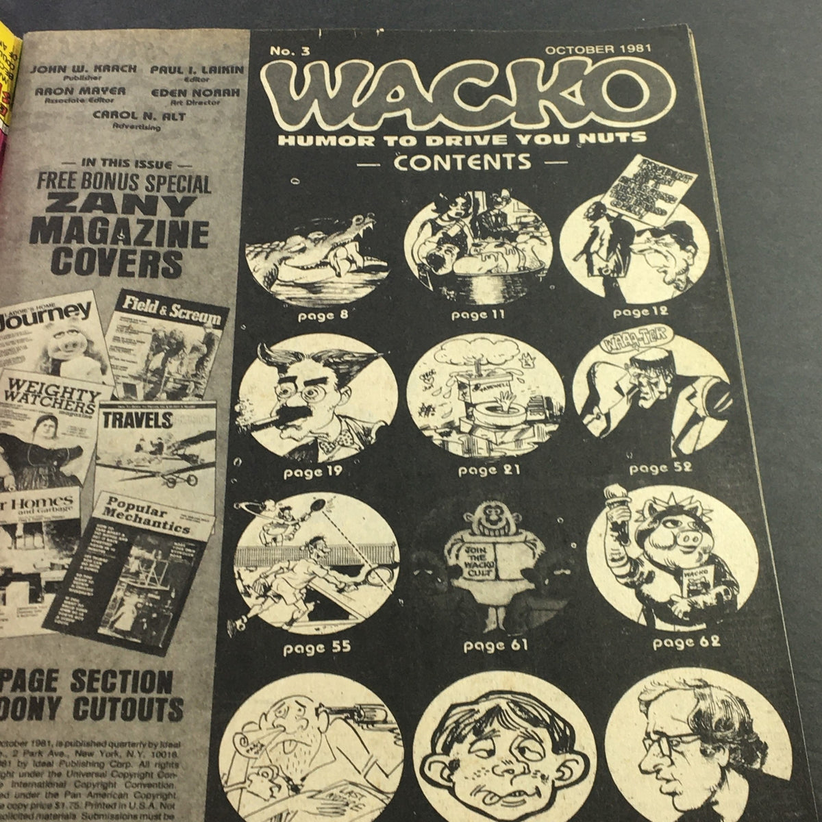Table of contents from VTG Wacko Magazine October 1981, Issue #3 showcasing various illustrations and humorous topics featured in the magazine.