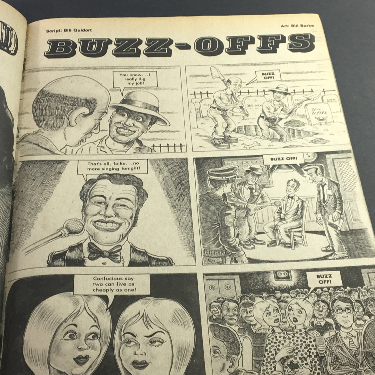 Page featuring Buzz-Offs comics from Wacko Magazine October 1981 Issue #3, displaying a series of humorous illustrations and witty dialogues.