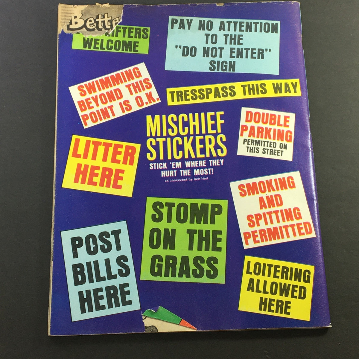 Back cover of Wacko Magazine October 1981 Issue #3 filled with colorful satire signage and playful announcements.