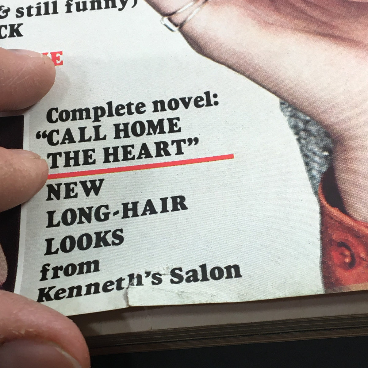 Detailed view of VTG Good Housekeeping Magazine April 1978, showcasing an article headline 'Complete novel: Call Home The Heart' alongside hair styling tips from Kenneth's Salon.