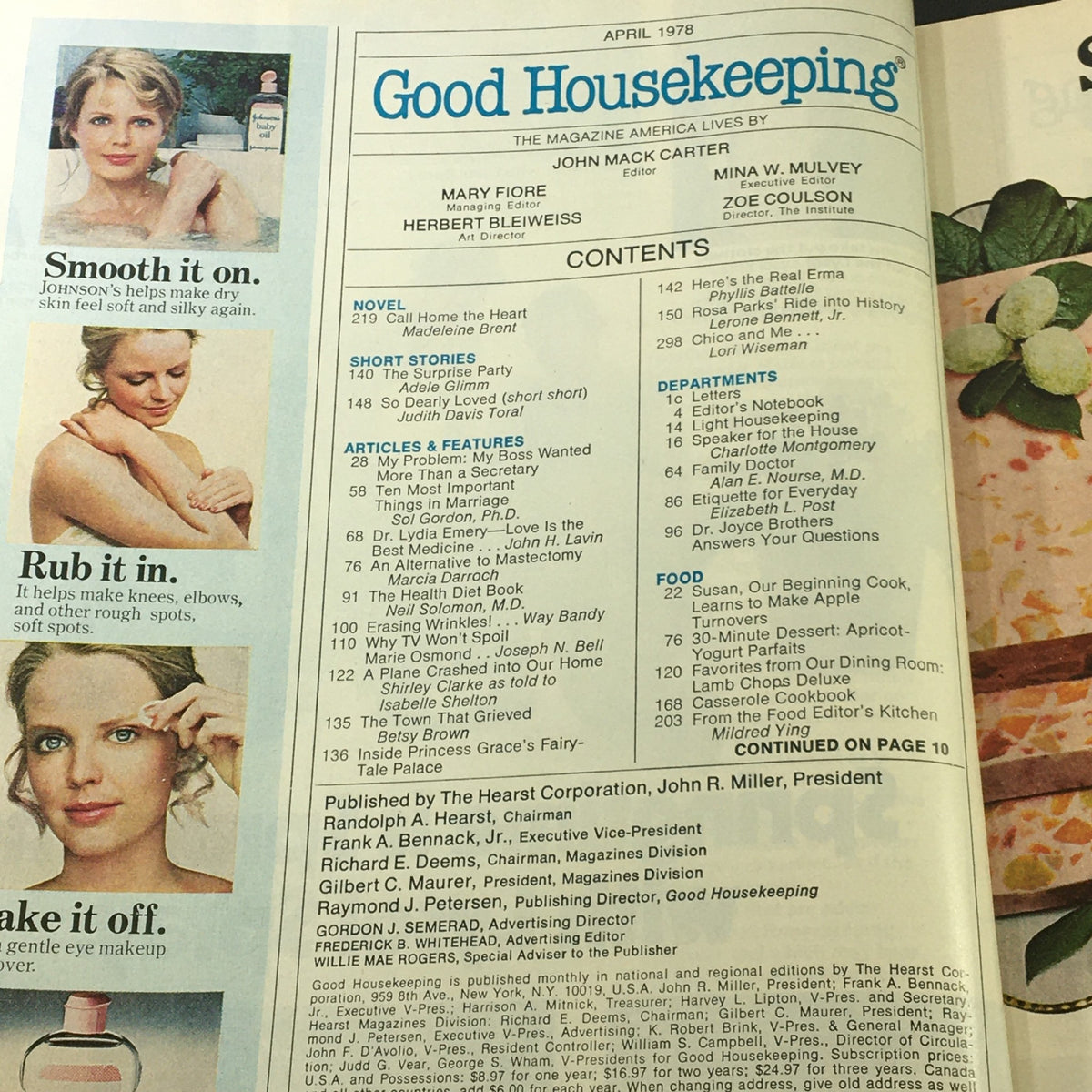 Contents page of VTG Good Housekeeping Magazine April 1978, highlighting features such as short stories, articles, and health advice, with a focus on beauty and lifestyle.