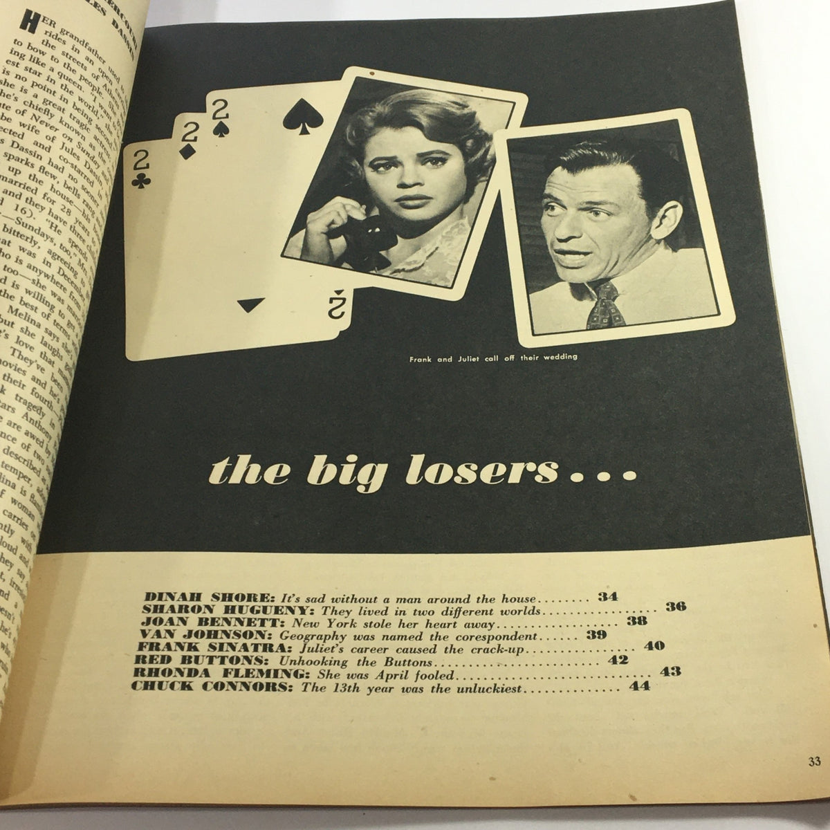 Inside page of VTG Hollywood Romances Magazine 1962 No. 17 discussing Frank Sinatra and Juliet Prowse, titled 'The Big Losers'.