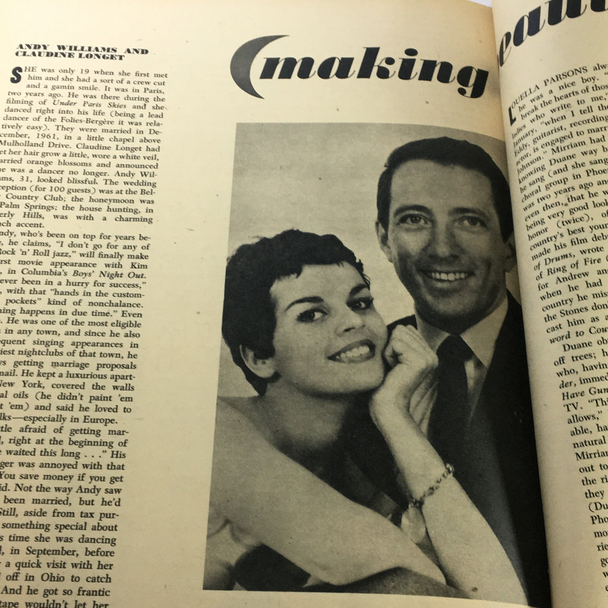 Inside page of VTG Hollywood Romances Magazine 1962 No. 17 featuring Andy Williams and Claudine Longet with a narrative about their romance.